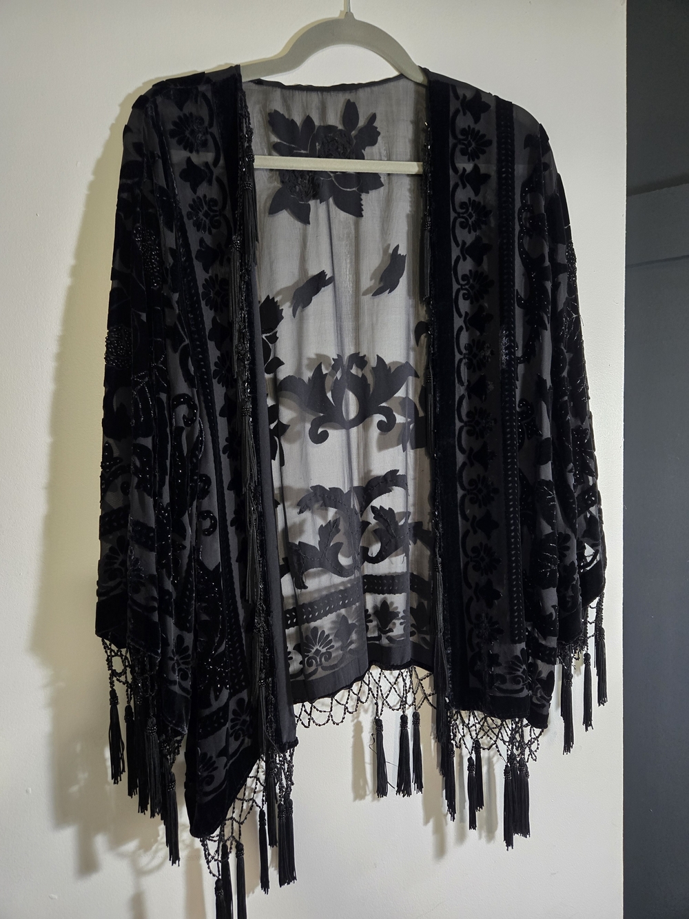 Black Sheer Velvet Burnout Fringe Kimono